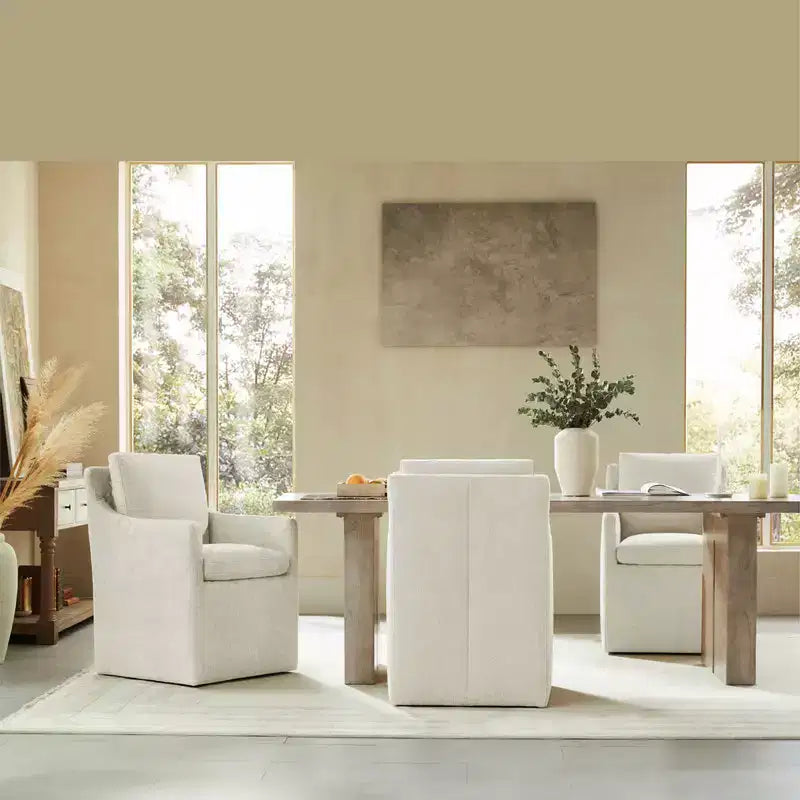 Sedia da pranzo con braccioli e rotelle in tessuto beige/verde/lino/grano, 1 posto