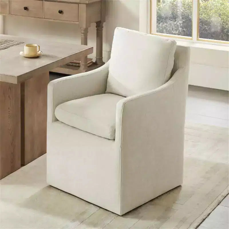 Sedia da pranzo con braccioli e rotelle in tessuto beige/verde/lino/grano, 1 posto