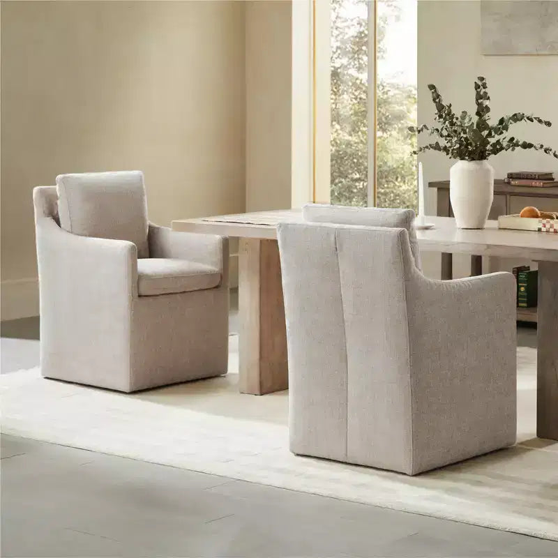Sedia da pranzo con braccioli e rotelle in tessuto beige/verde/lino/grano, 1 posto