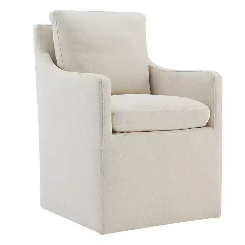 Sedia da pranzo con braccioli e rotelle in tessuto beige/verde/lino/grano, 1 posto