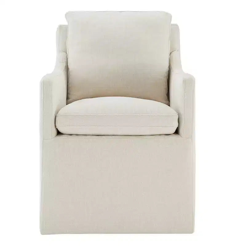Sedia da pranzo con braccioli e rotelle in tessuto beige/verde/lino/grano, 1 posto