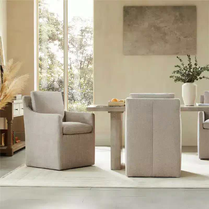Sedia da pranzo con braccioli e rotelle in tessuto beige/verde/lino/grano, 1 posto