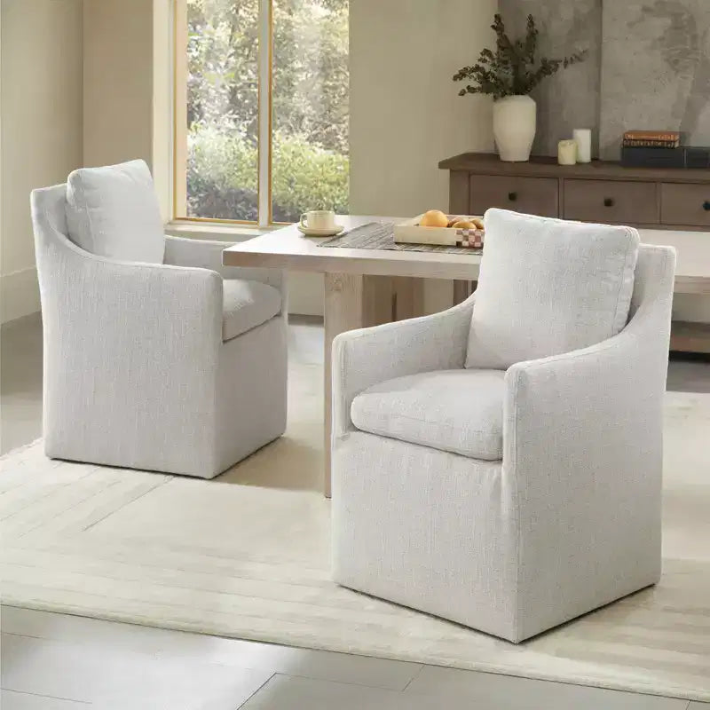 Sedia da pranzo con braccioli e rotelle in tessuto beige/verde/lino/grano, 1 posto