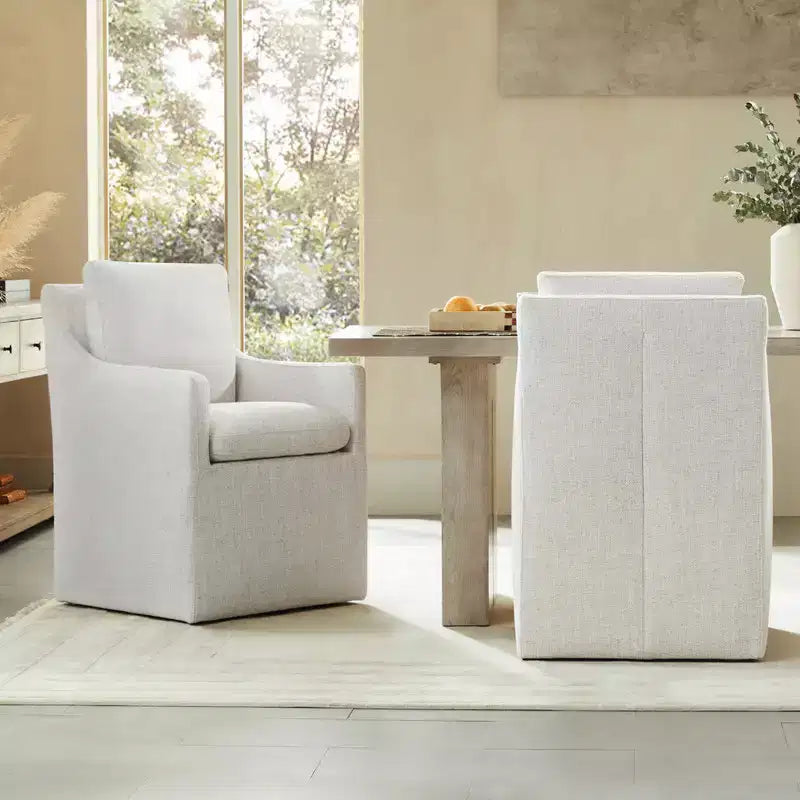 Sedia da pranzo con braccioli e rotelle in tessuto beige/verde/lino/grano, 1 posto