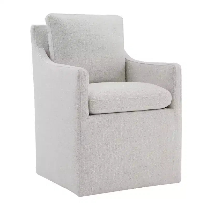 Sedia da pranzo con braccioli e rotelle in tessuto beige/verde/lino/grano, 1 posto