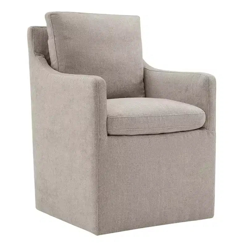Sedia da pranzo con braccioli e rotelle in tessuto beige/verde/lino/grano, 1 posto