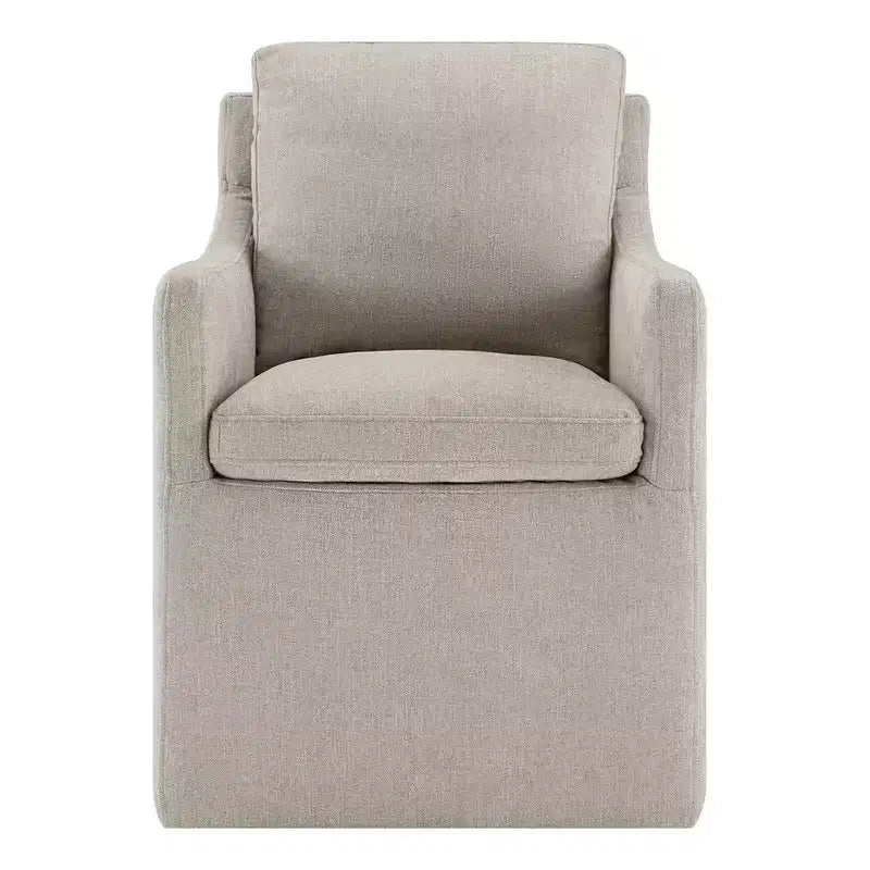 Sedia da pranzo con braccioli e rotelle in tessuto beige/verde/lino/grano, 1 posto