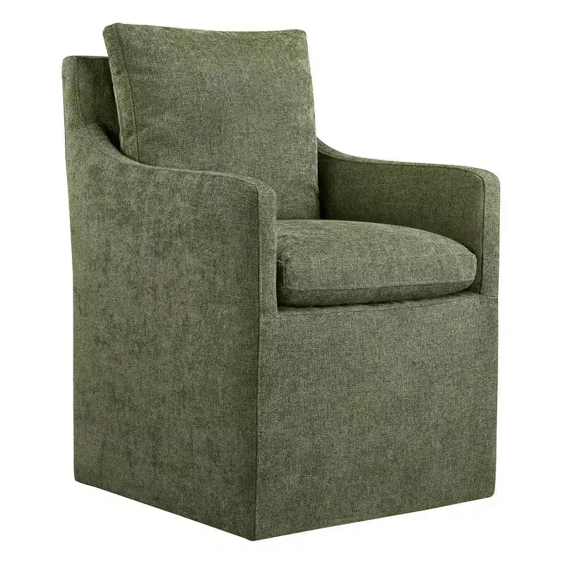 Sedia da pranzo con braccioli e rotelle in tessuto beige/verde/lino/grano, 1 posto