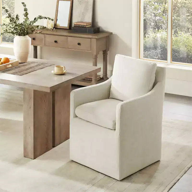 Sedia da pranzo con braccioli e rotelle in tessuto beige/verde/lino/grano, 1 posto