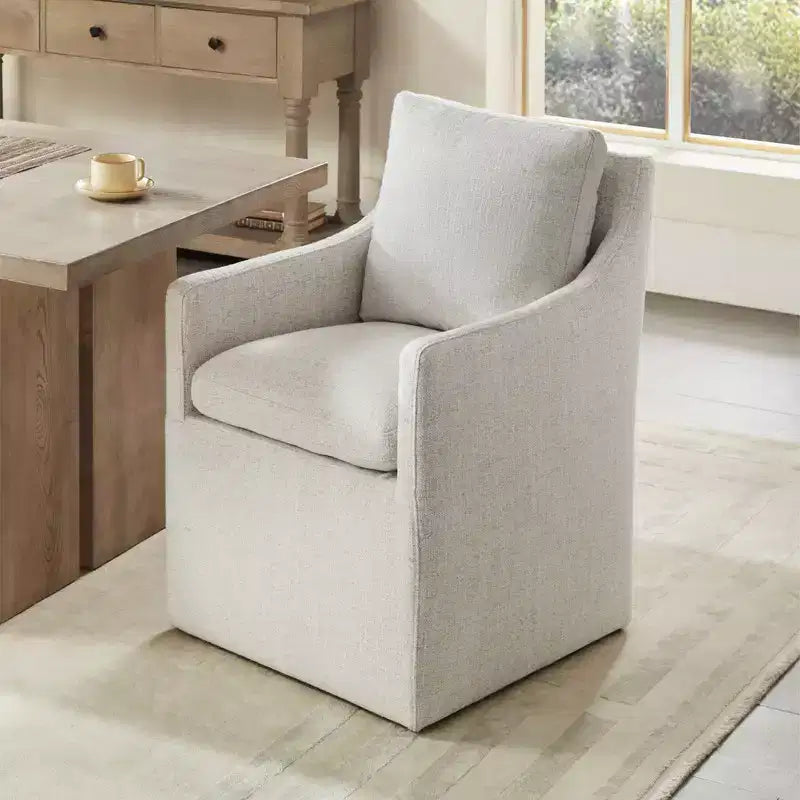 Sedia da pranzo con braccioli e rotelle in tessuto beige/verde/lino/grano, 1 posto