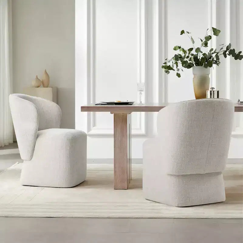 Sedia da pranzo imbottita beige/grano con rotelle e schienale avvolgente, 1 posto