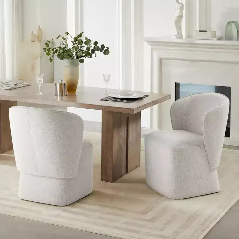 Sedia da pranzo imbottita beige/grano con rotelle e schienale avvolgente, 1 posto