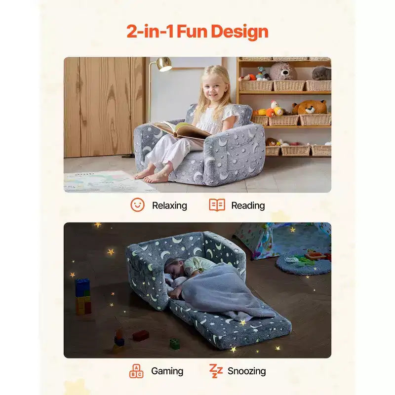 Divano letto per bambini 2 in 1 con dinosauri fluorescenti, 1 posto