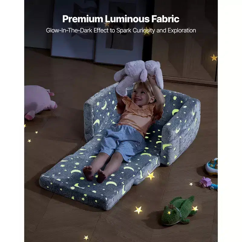 Divano letto per bambini 2 in 1 con dinosauri fluorescenti, 1 posto