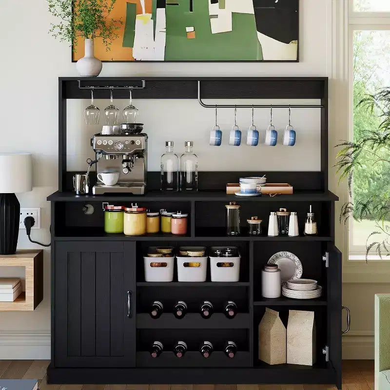 Acekool 47 Farmhouse Coffee Bar Cabinet, Rustic Grey Buffet Table with Wine Rack & Adjustable Shelves for Kitchen, Dining Room