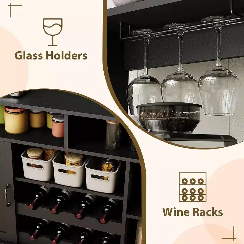 Mobile da caffè rustico grigio in stile coloniale con portabottiglie, 2 ante, pezzo unico
