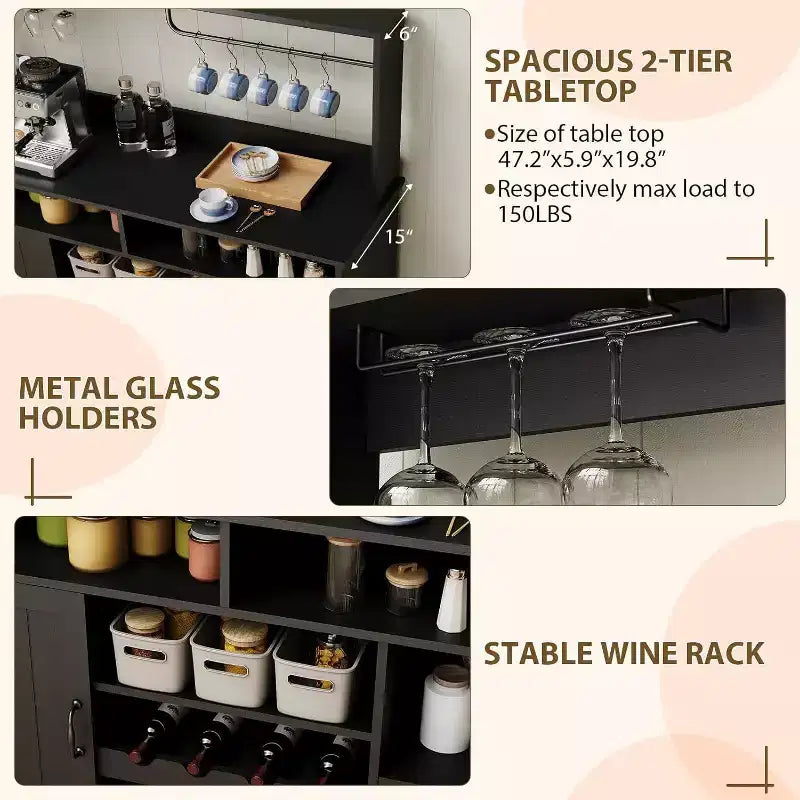Mobile da caffè rustico grigio in stile coloniale con portabottiglie, 2 ante, pezzo unico