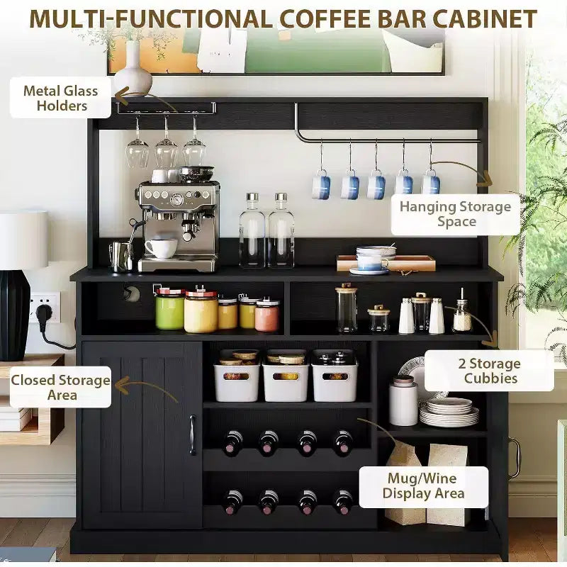 Mobile da caffè rustico grigio in stile coloniale con portabottiglie, 2 ante, pezzo unico