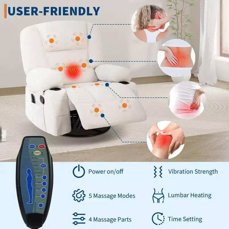 Poltrona reclinabile girevole oversize in ciniglia beige/nera/blu/grigia e PU nera/marrone, reclinazione manuale, 1 persona