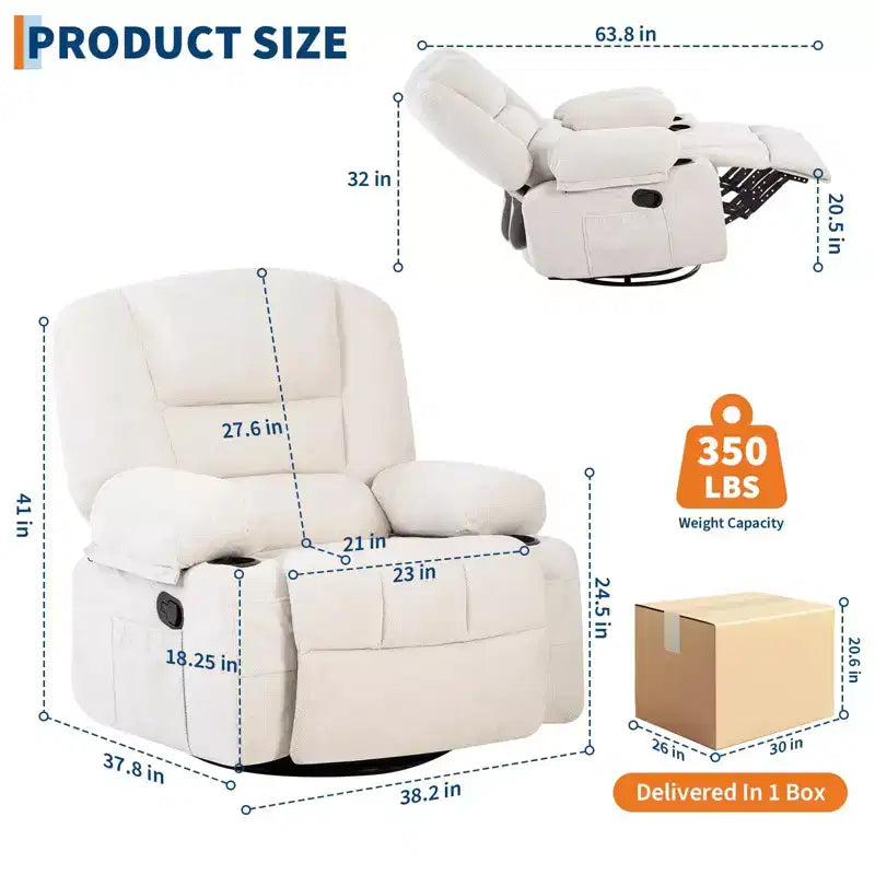 Poltrona reclinabile girevole oversize in ciniglia beige/nera/blu/grigia e PU nera/marrone, reclinazione manuale, 1 persona