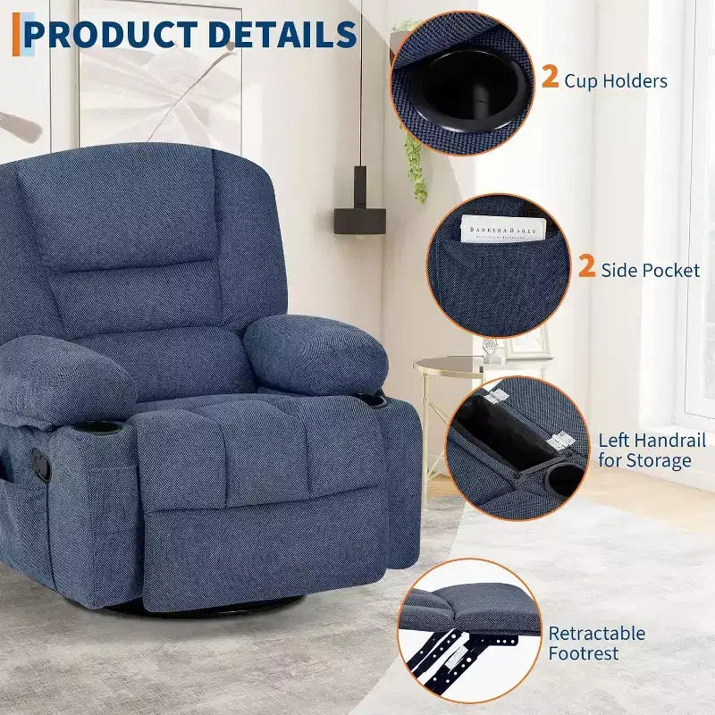 Poltrona reclinabile girevole oversize in ciniglia beige/nera/blu/grigia e PU nera/marrone, reclinazione manuale, 1 persona