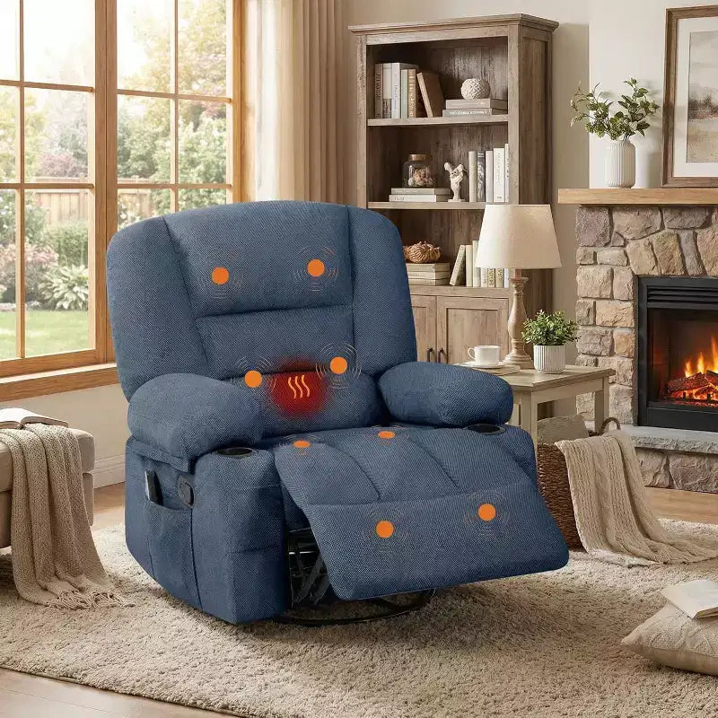 Poltrona reclinabile girevole oversize in ciniglia beige/nera/blu/grigia e PU nera/marrone, reclinazione manuale, 1 persona