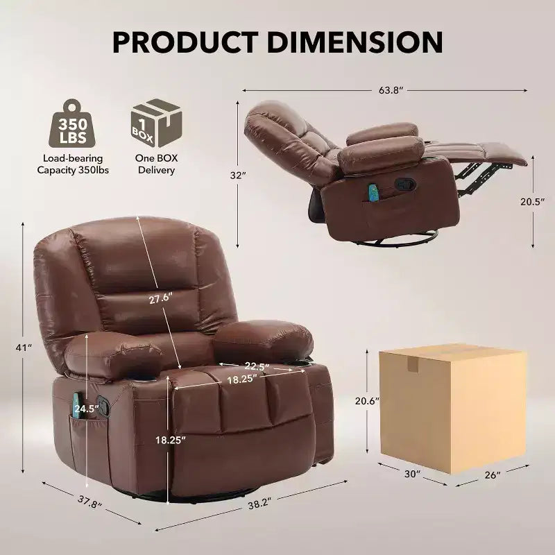 Poltrona reclinabile girevole oversize in ciniglia beige/nera/blu/grigia e PU nera/marrone, reclinazione manuale, 1 persona