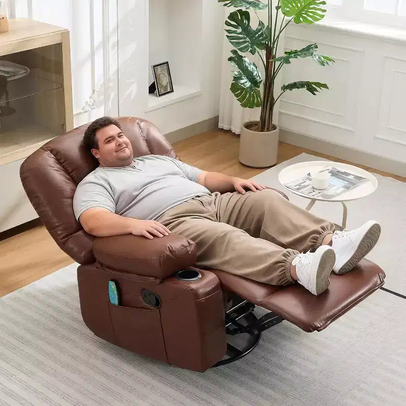 Poltrona reclinabile girevole oversize in ciniglia beige/nera/blu/grigia e PU nera/marrone, reclinazione manuale, 1 persona