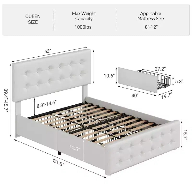Letto a piattaforma imbottito Queen con 4 cassetti e testiera, 1 persona
