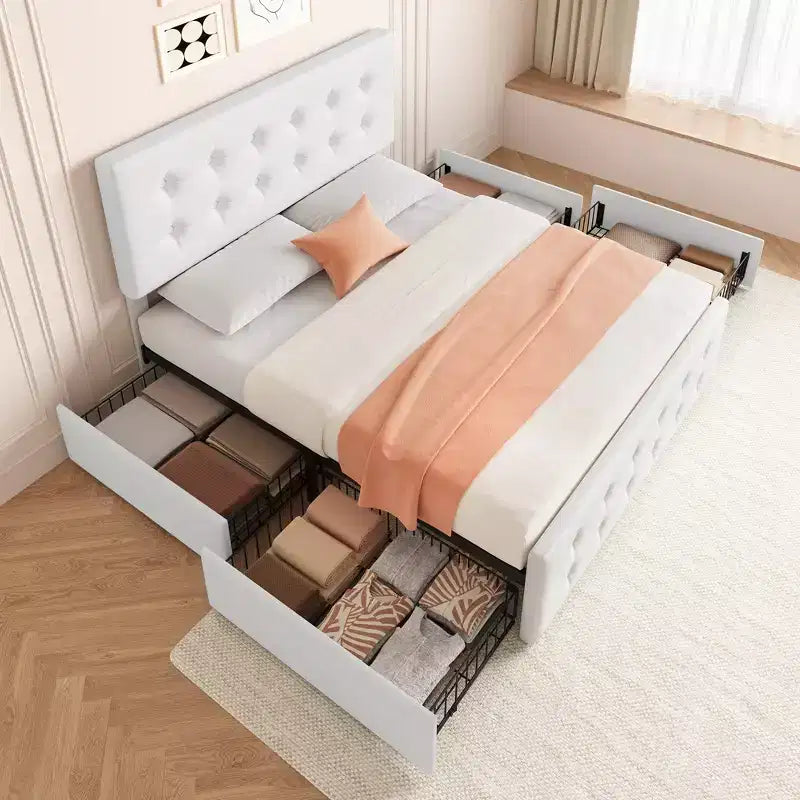 Letto a piattaforma imbottito Queen con 4 cassetti e testiera, 1 persona