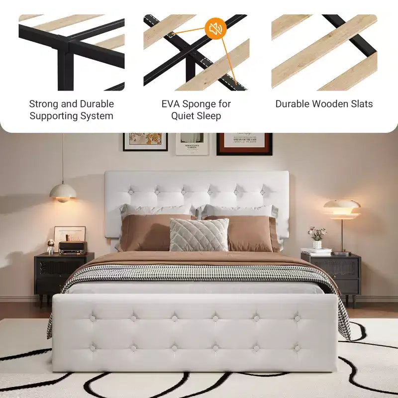 Letto a piattaforma imbottito Queen con 4 cassetti e testiera, 1 persona