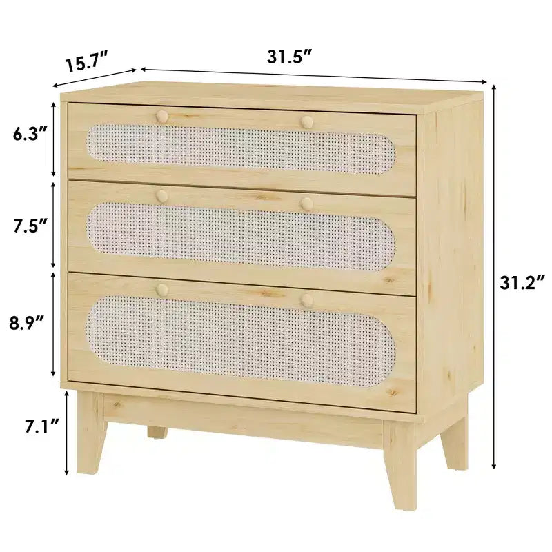 Cassettiera Rattan Beige 3 Cassetti, Mobile Contenitore in Legno per Camera da Letto