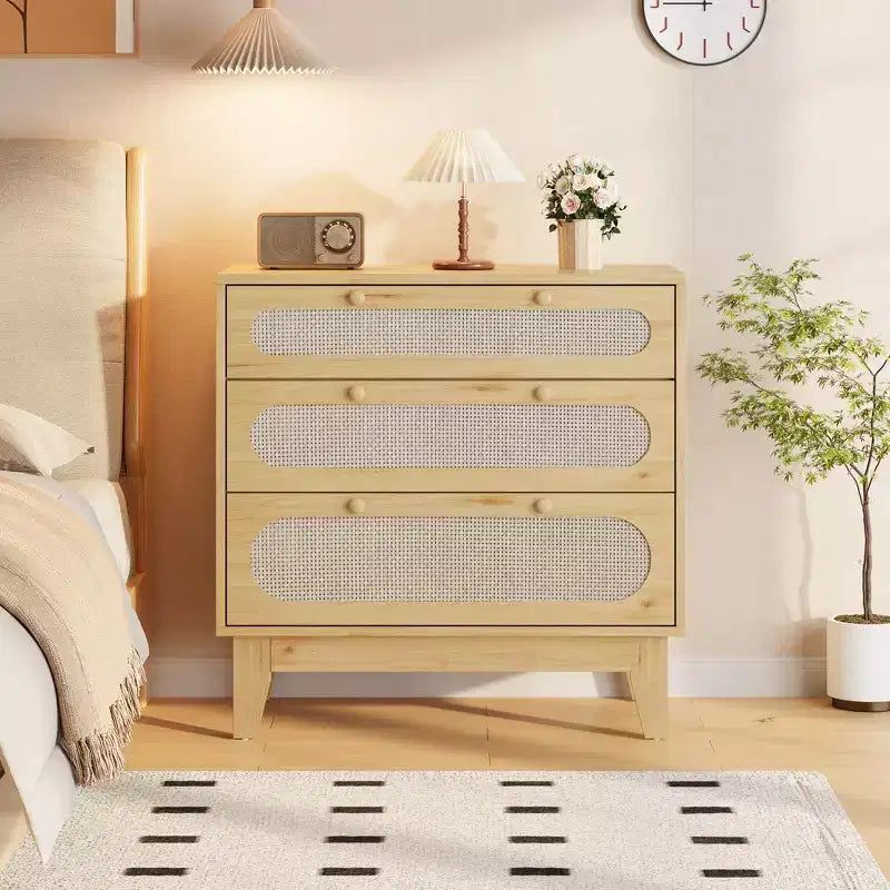 Cassettiera Rattan Beige 3 Cassetti, Mobile Contenitore in Legno per Camera da Letto