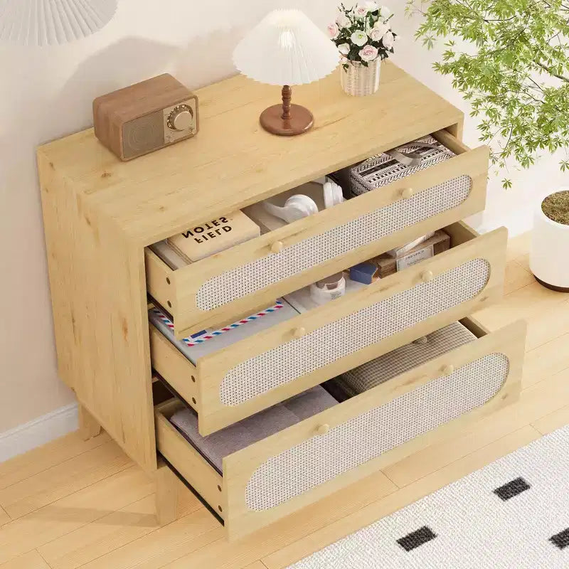 Cassettiera Rattan Beige 3 Cassetti, Mobile Contenitore in Legno per Camera da Letto