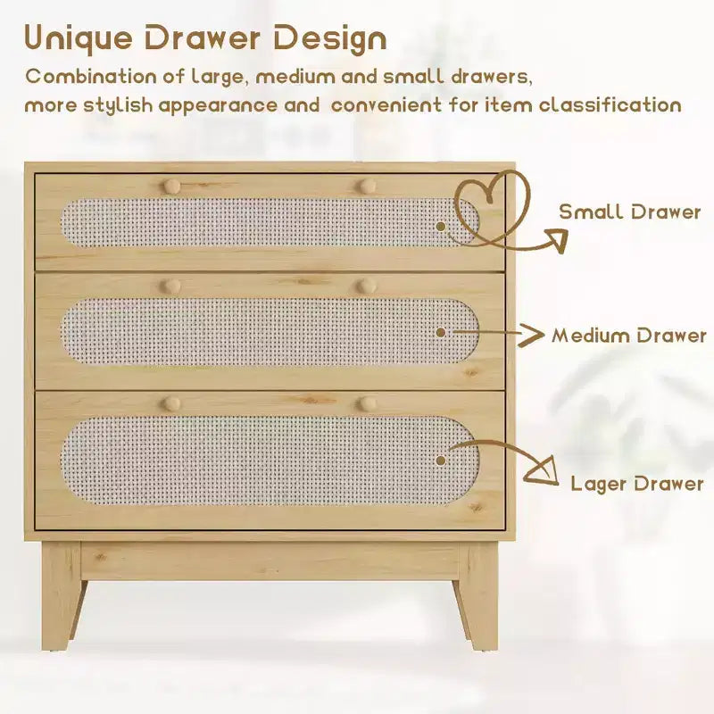Cassettiera Rattan Beige 3 Cassetti, Mobile Contenitore in Legno per Camera da Letto