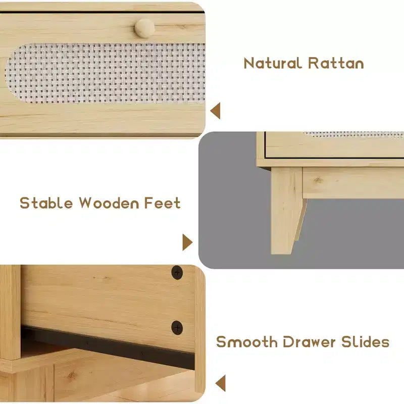 Cassettiera Rattan Beige 3 Cassetti, Mobile Contenitore in Legno per Camera da Letto