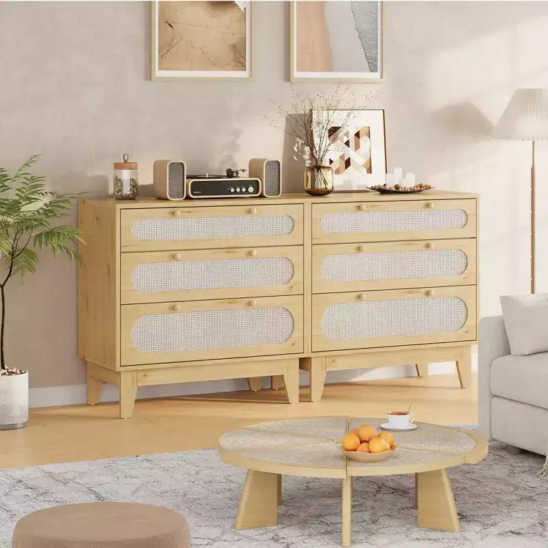 Cassettiera Rattan Beige 3 Cassetti, Mobile Contenitore in Legno per Camera da Letto