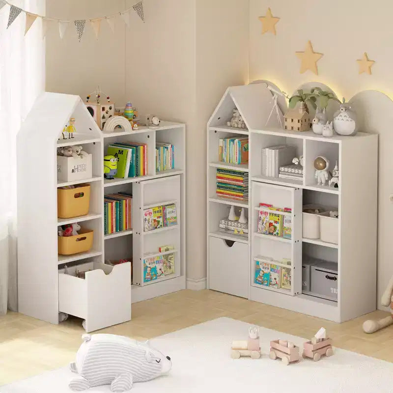 Libreria a fionda per bambini a 3 ripiani bianca, 7 ripiani aperti, 5+ anni