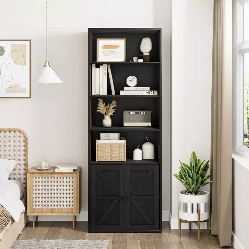 Libreria da fattoria con ante da 71,4" – 6 ripiani, autoportante | Nero / Rovere scuro / Grigio / Retro / Bianco