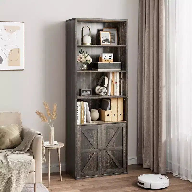 Libreria da fattoria con ante da 71,4" – 6 ripiani, autoportante | Nero / Rovere scuro / Grigio / Retro / Bianco