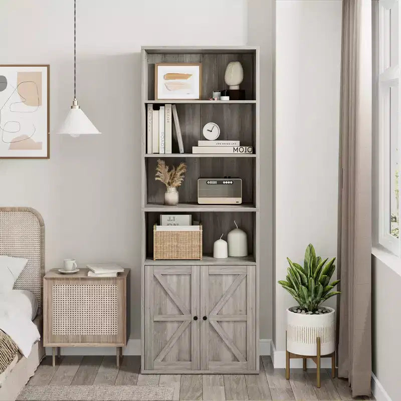 Libreria da fattoria con ante da 71,4" – 6 ripiani, autoportante | Nero / Rovere scuro / Grigio / Retro / Bianco