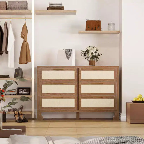 Cassettiera a 6 cassetti color beige, comò in legno stile iuta