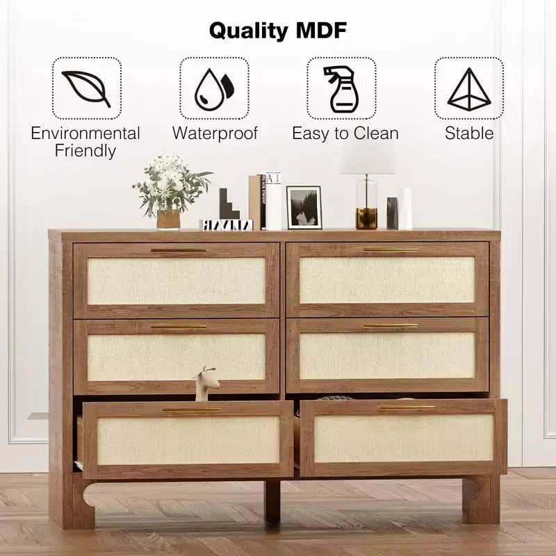 Cassettiera a 6 cassetti color beige, comò in legno stile iuta