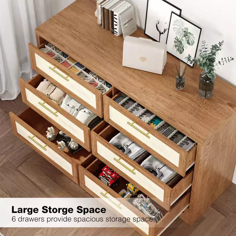 Cassettiera a 6 cassetti color beige, comò in legno stile iuta