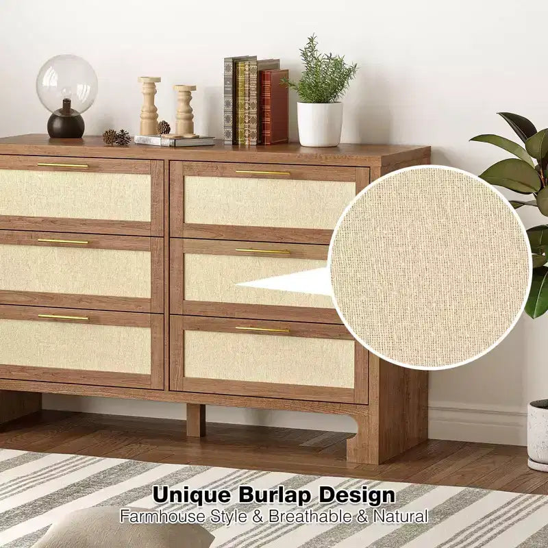 Cassettiera a 6 cassetti color beige, comò in legno stile iuta