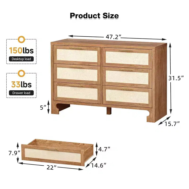 Cassettiera a 6 cassetti color beige, comò in legno stile iuta