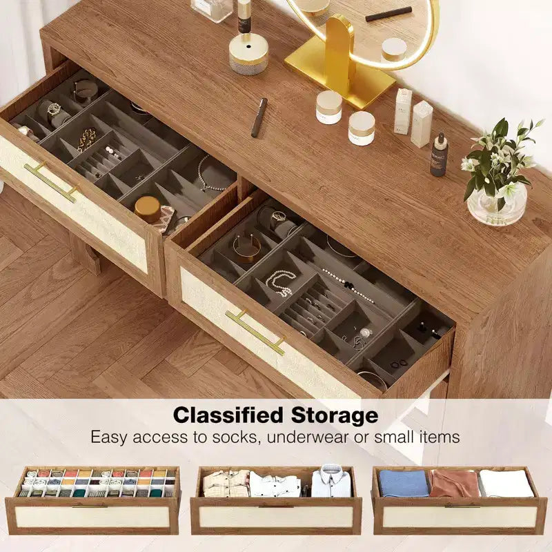 Cassettiera a 6 cassetti color beige, comò in legno stile iuta