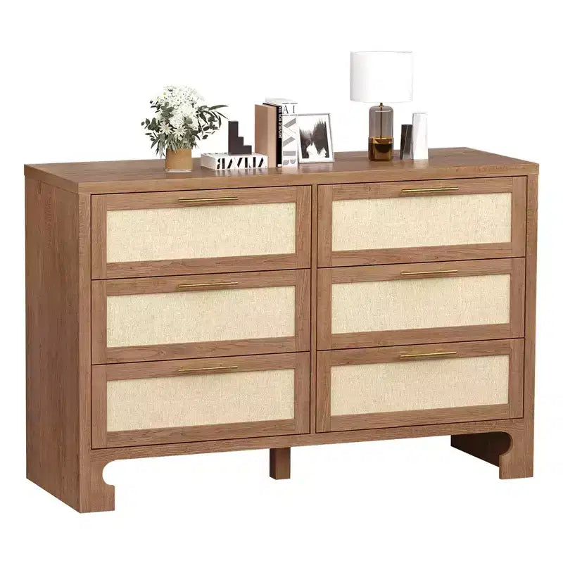 Cassettiera a 6 cassetti color beige, comò in legno stile iuta