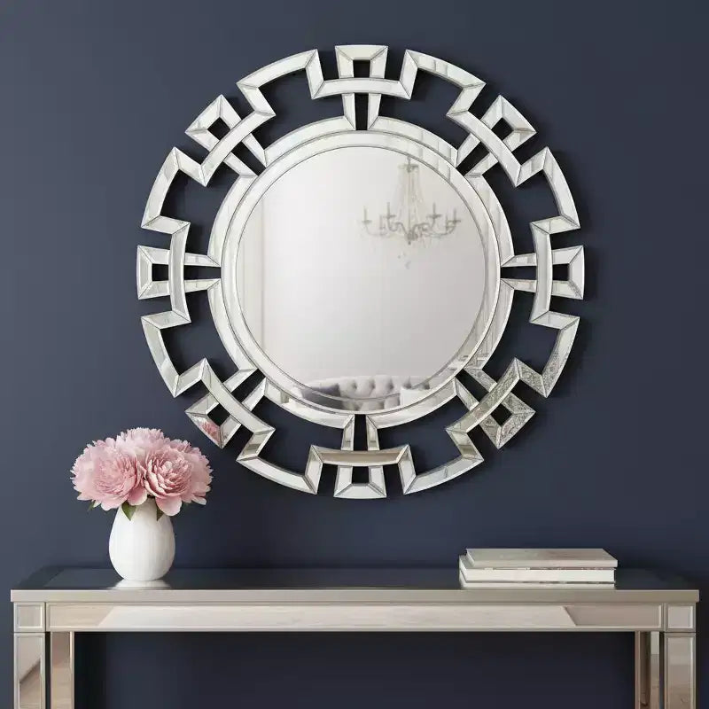 Specchio da parete rotondo art déco geo con cornice argentata, 32 pollici