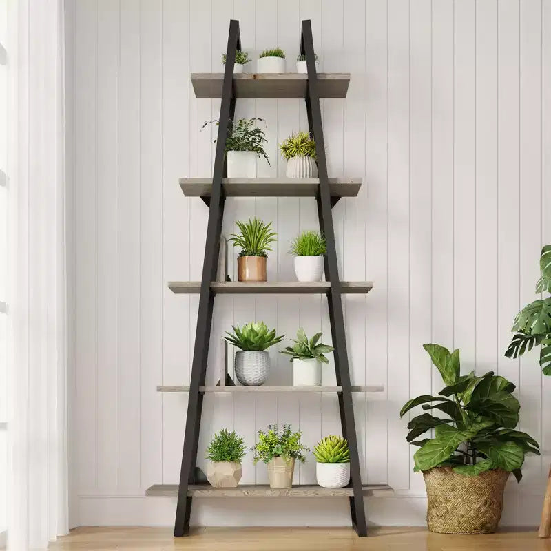 Libreria a Scala a 5 Ripiani, Scaffale da Terra Indipendente — Grigio Scuro / Venature del Legno Giallo Chiaro